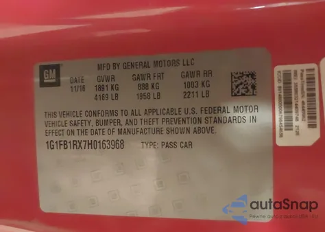 2017 Chevrolet Camaro 1Lt z USA, uszkodzony, nr VIN 1G1FB1RX7H0163968